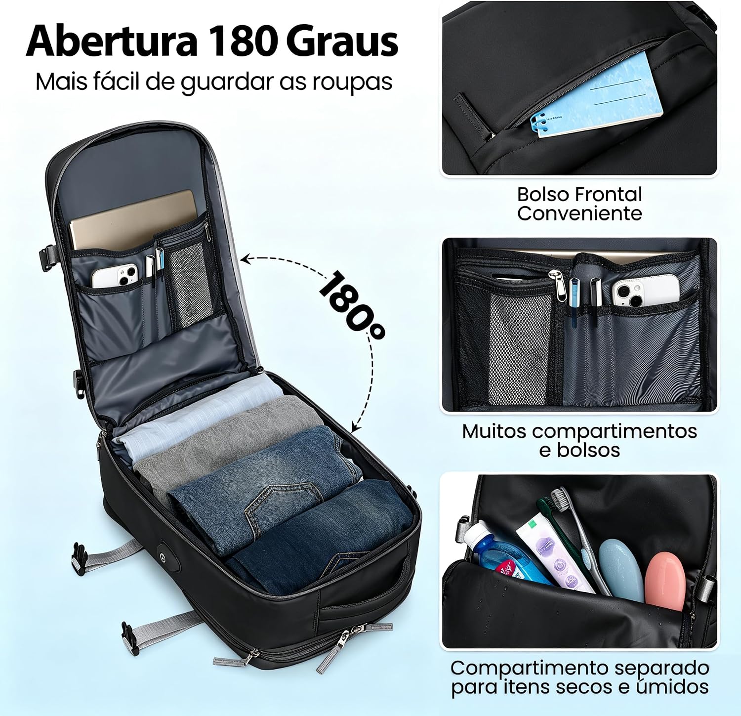 Romantic Crown Mochila de Viagem Expansivel Avião Grande Feminina,Mochila Executiva Masculina Impermeável Reforçada para Notebook,Casual Esportes Hiking Escola Presente (Todo Preto)
