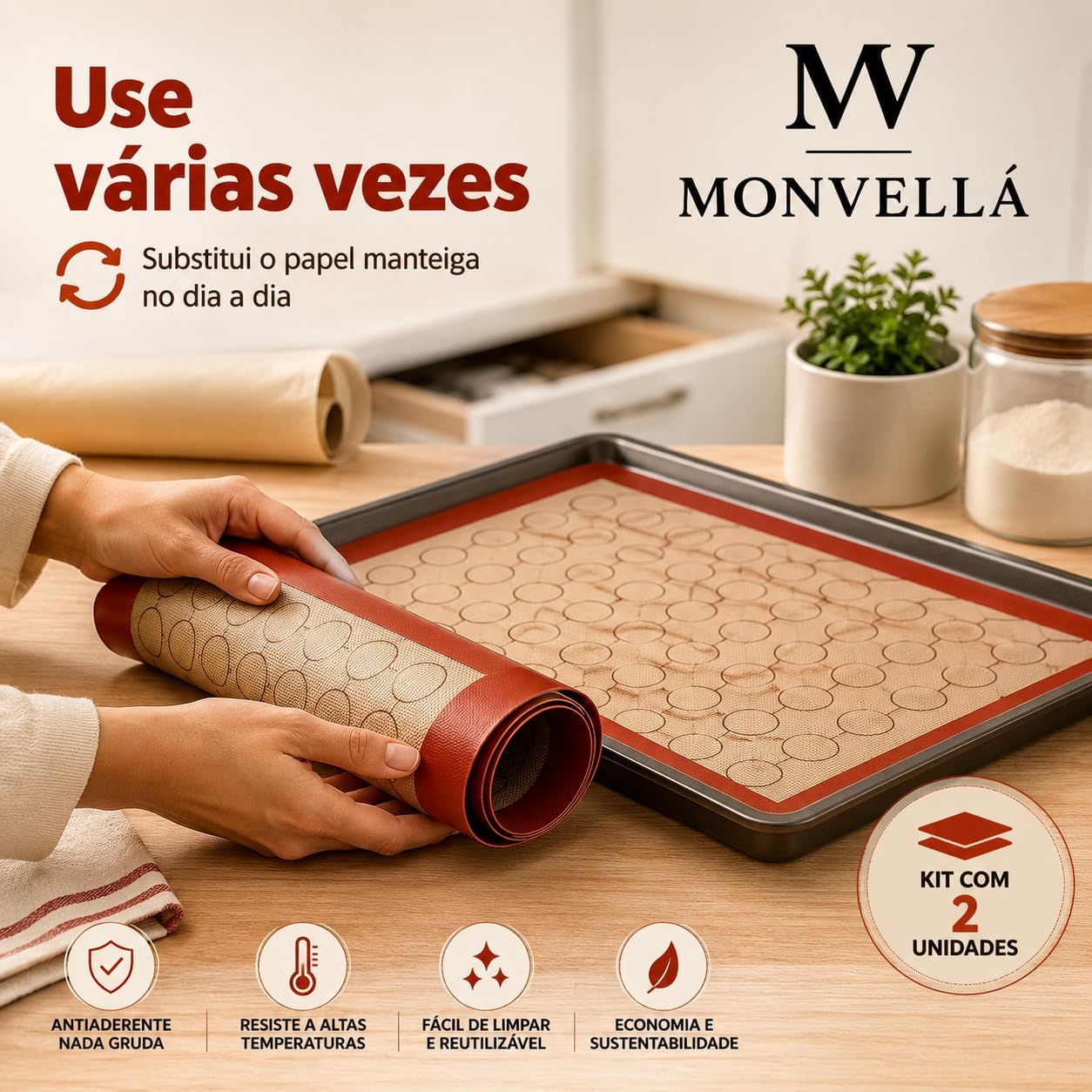 Kit 2 Tapete Culinário 42x29 de Silicone de Forno Ideal para Preparar Paes, Roscas, Pão de Queijo ou Forrar Formas Antiaderente Cozinha Reutilizável