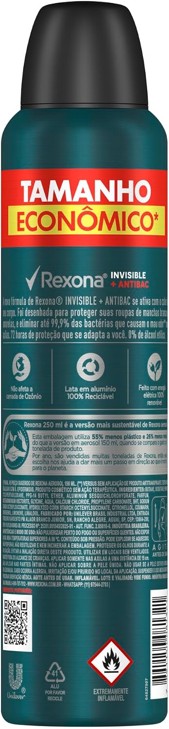 Desodorante Antitranspirante Aerosol Rexona Men Antibacterial + Invisible 72h
