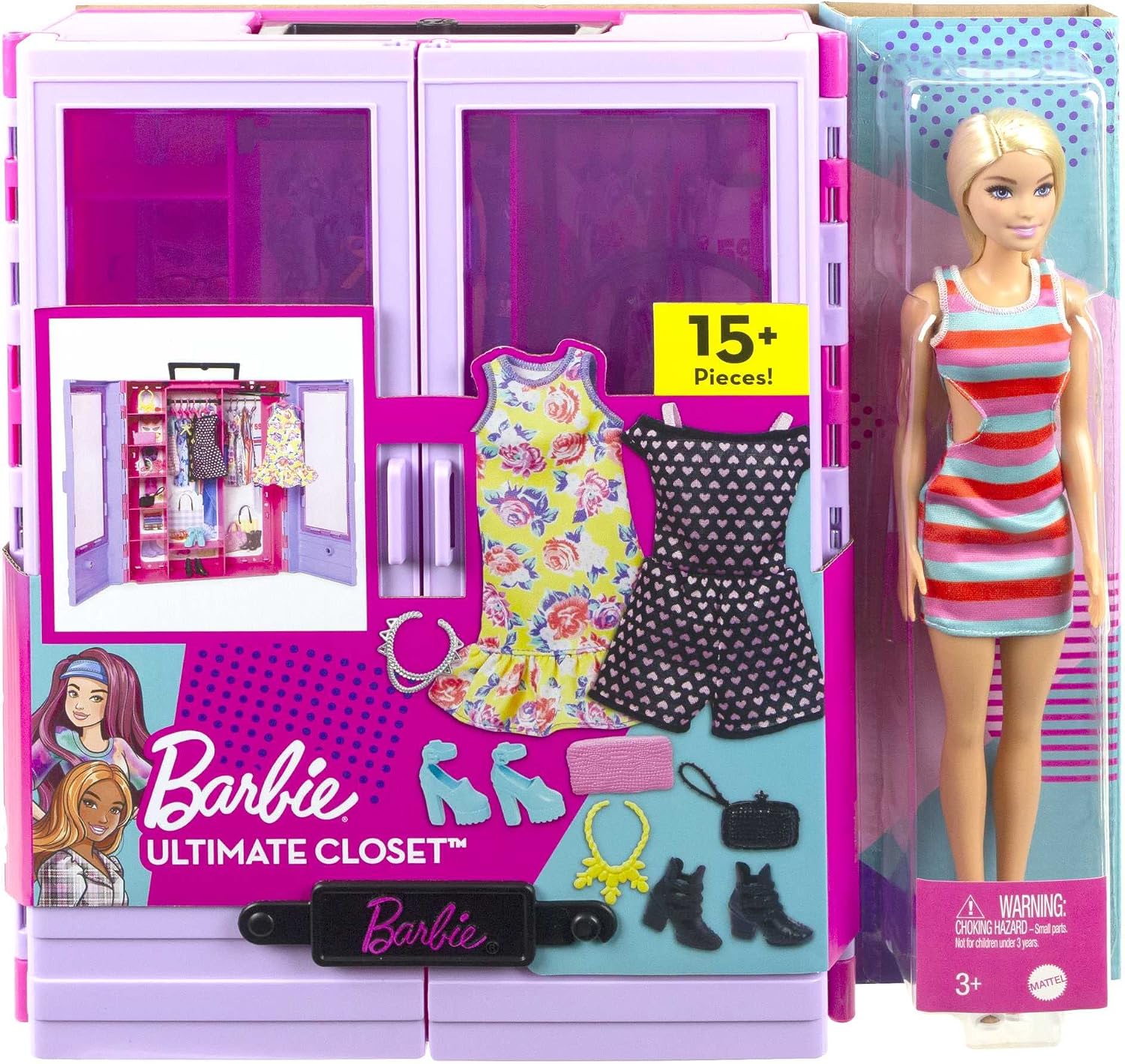 Armário de Moda Portátil para Bonecas Roxo e Rosa