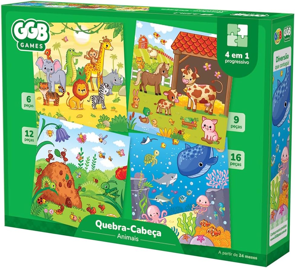 Quebra Cabeça 4 em 1 Animais 6, 9, 12 e 16 Peças GGB Plast