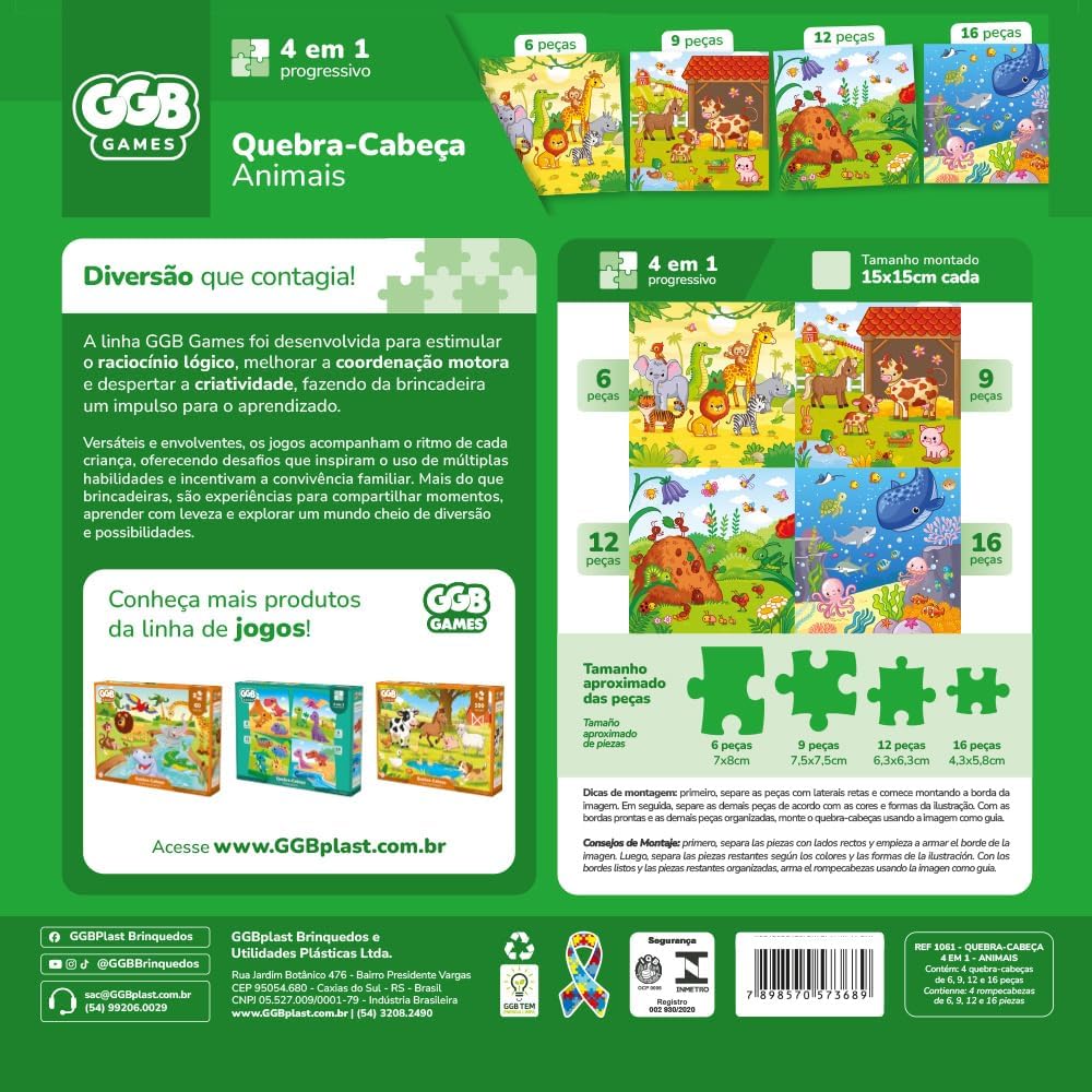 Quebra Cabeça 4 em 1 Animais 6, 9, 12 e 16 Peças GGB Plast