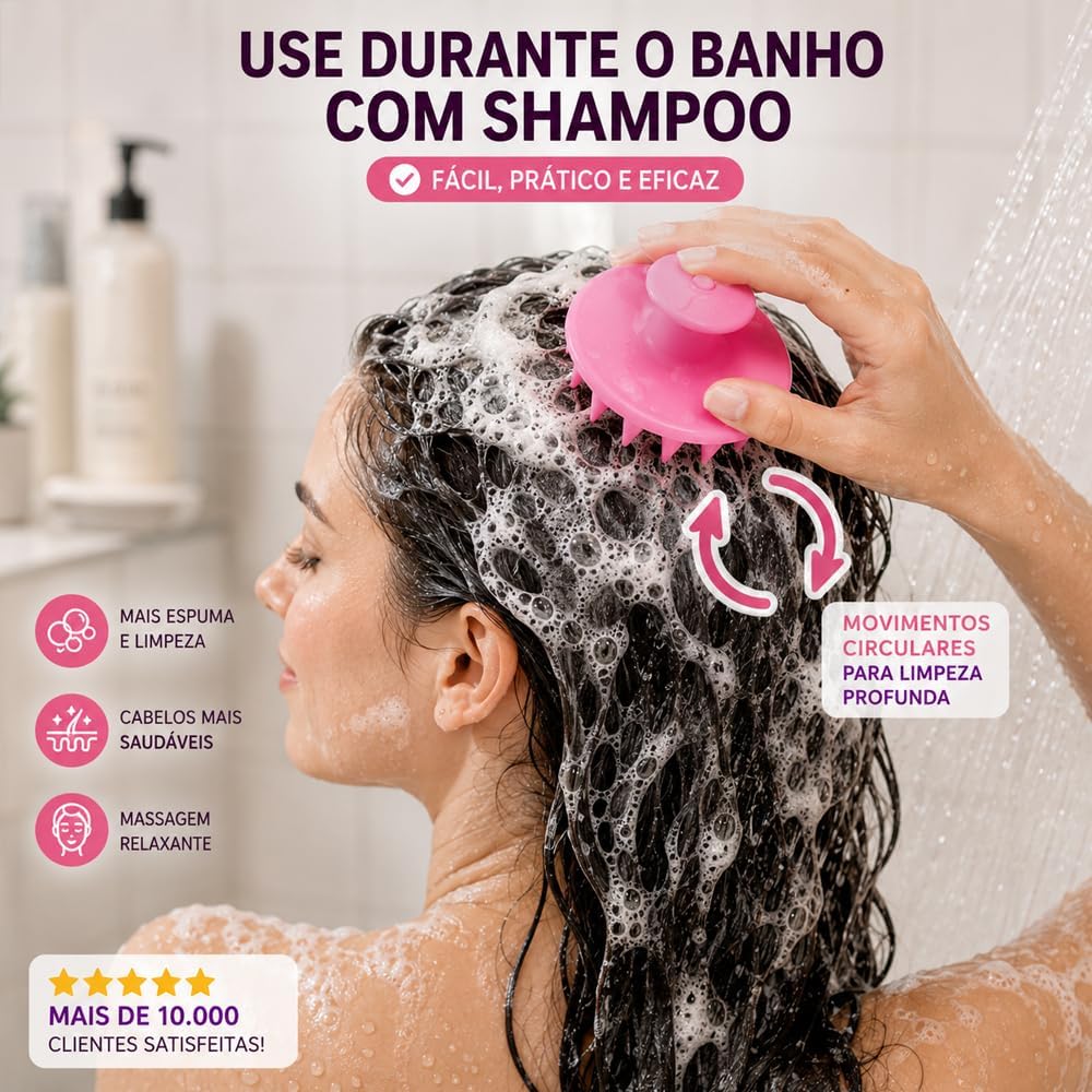 Escova Massageadora para Couro Cabeludo em Silicone – Limpeza Profunda, Massagem Relaxante, Uso com Shampoo ou a Seco, Cerdas Macias, Todos os Tipos de Cabelo, Homens e Mulheres, Design Ergonômico