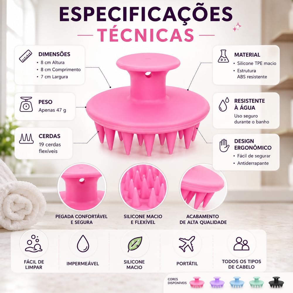Escova Massageadora para Couro Cabeludo em Silicone – Limpeza Profunda, Massagem Relaxante, Uso com Shampoo ou a Seco, Cerdas Macias, Todos os Tipos de Cabelo, Homens e Mulheres, Design Ergonômico