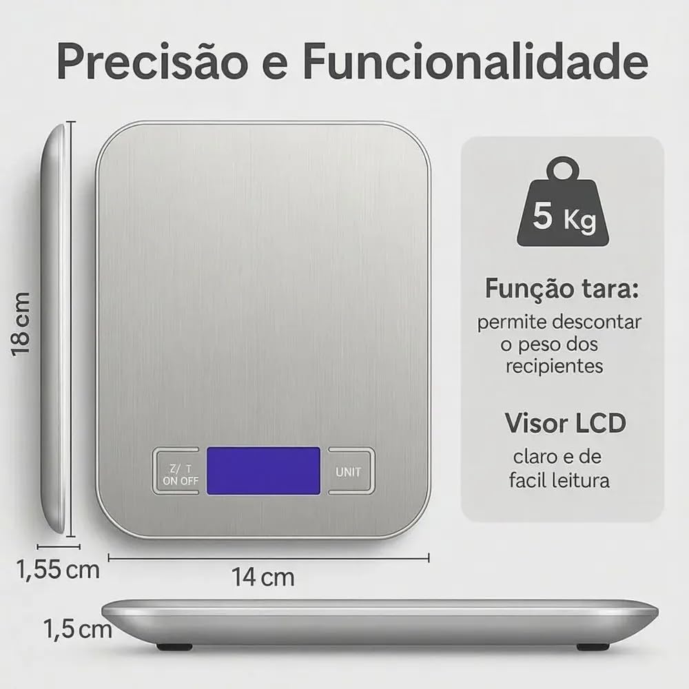 Balança de Cozinha Digital Premium em Inox Resistente à Água Portátil com Base Antiderrapante Visor de Alta Definição Alta Precisão Pesagem de 1g a 10kg Ideal para Dieta Fitness Alimentos Saudáveis!