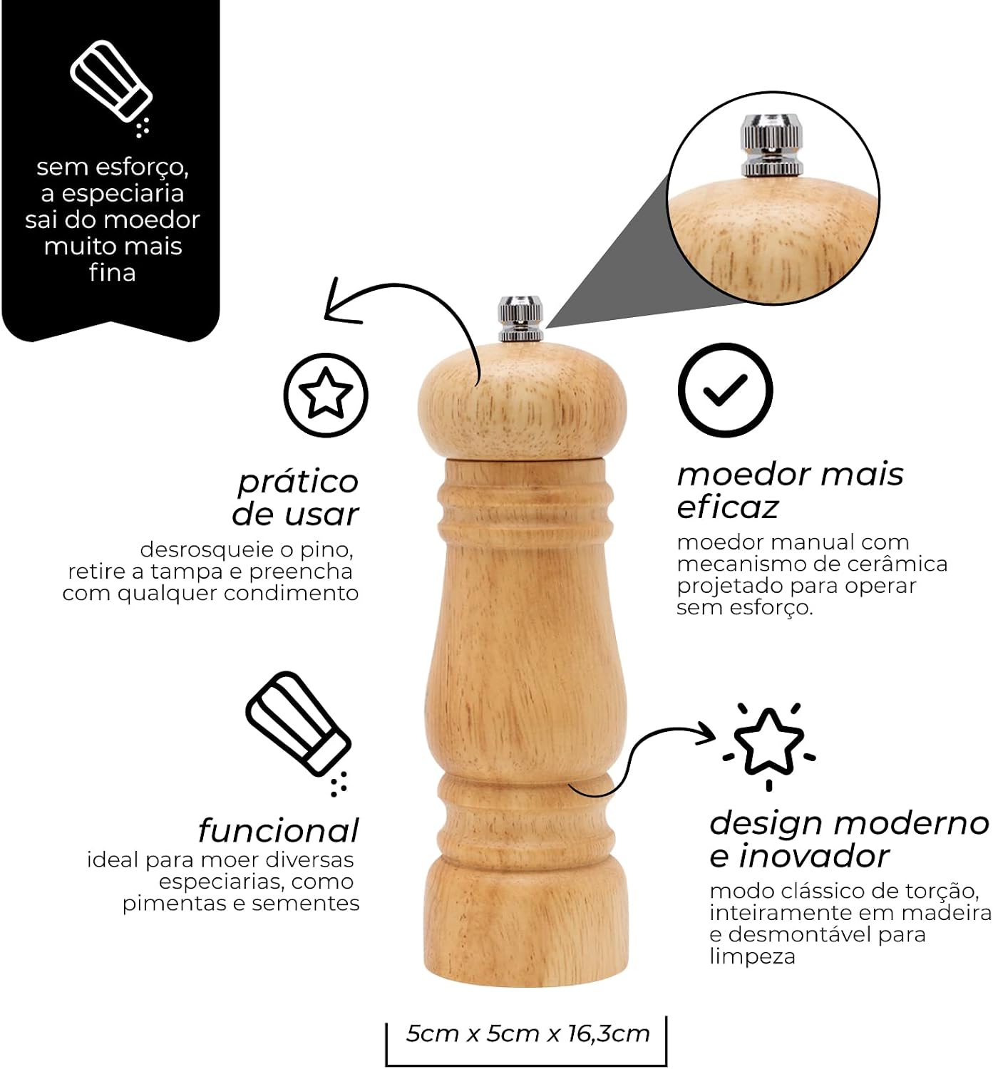Mimo Style Moedor Manual Para Pimenta e Sal, Ideal Para Moer Graõs e Condimentos Secos, Material Madeira, Moedor de Cerâmica Com Pino Regulador de Tamanho do Grão, Fácil Manuseio