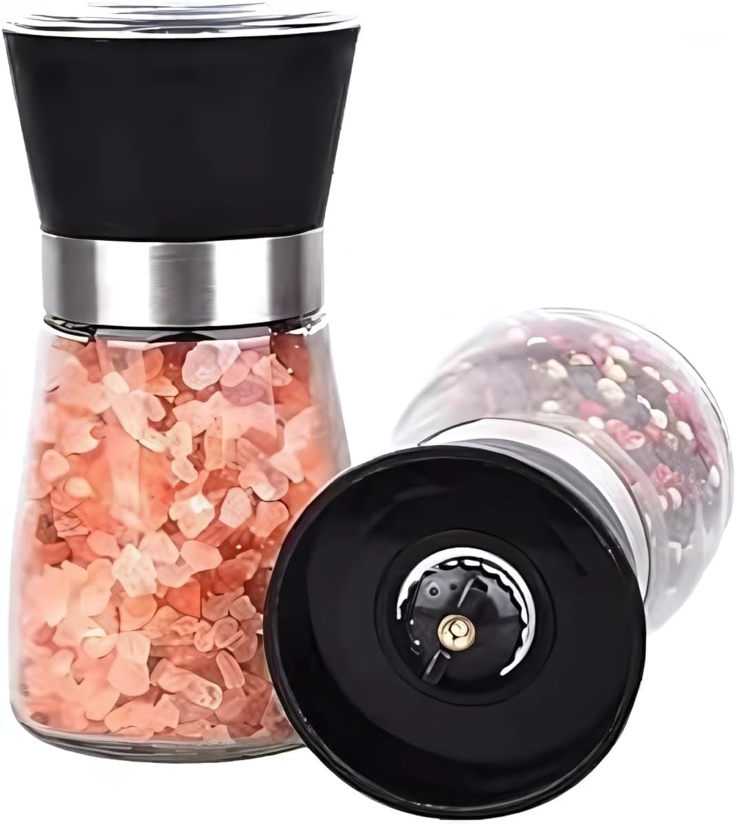 Kit 2 Moedores de Sal e Pimenta em Vidro com Tampa Preta e Anel Inox