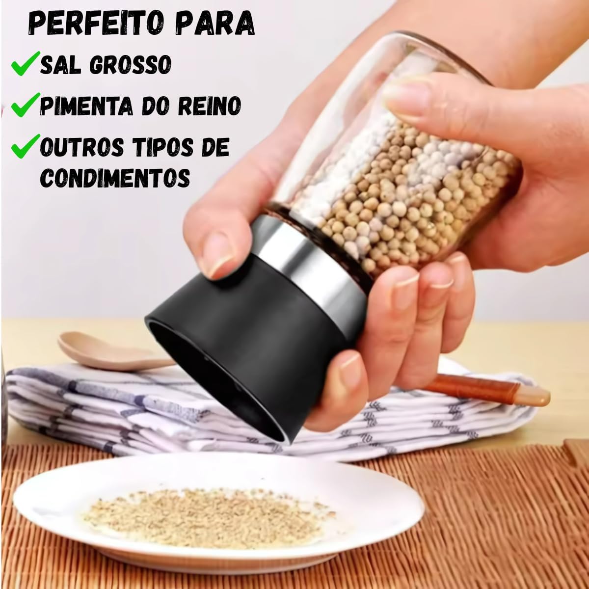 Kit 2 Moedores de Sal e Pimenta em Vidro com Tampa Preta e Anel Inox