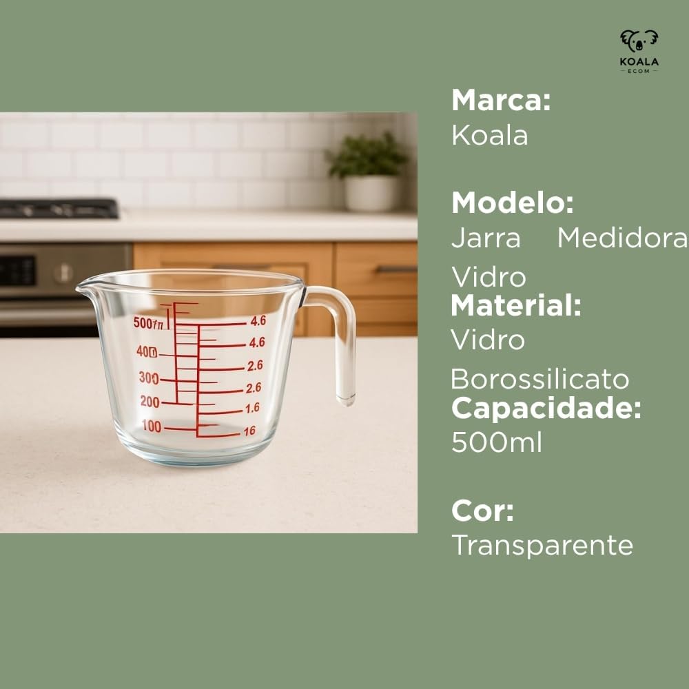 Copo Medidor de Vidro Borossilicato 500ml com Marcações em ml e Xícaras