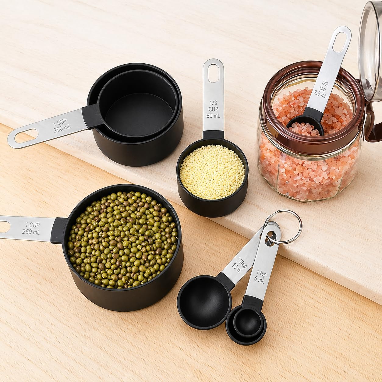 Kit 8 Xícaras e Colheres Medidoras em Aço Inox
