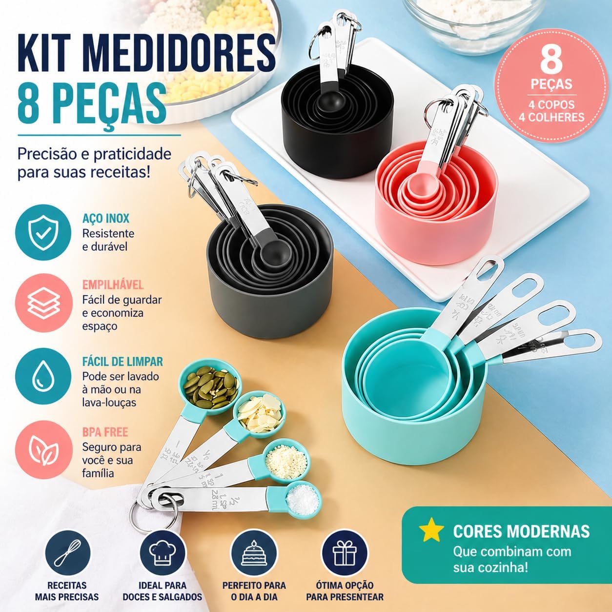 Kit 8 Xícaras e Colheres Medidoras em Aço Inox