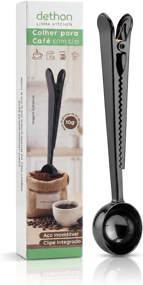 Colher Café Medidora 5g Pó de Café Prendedor Pacote em Inox Preto 17cm