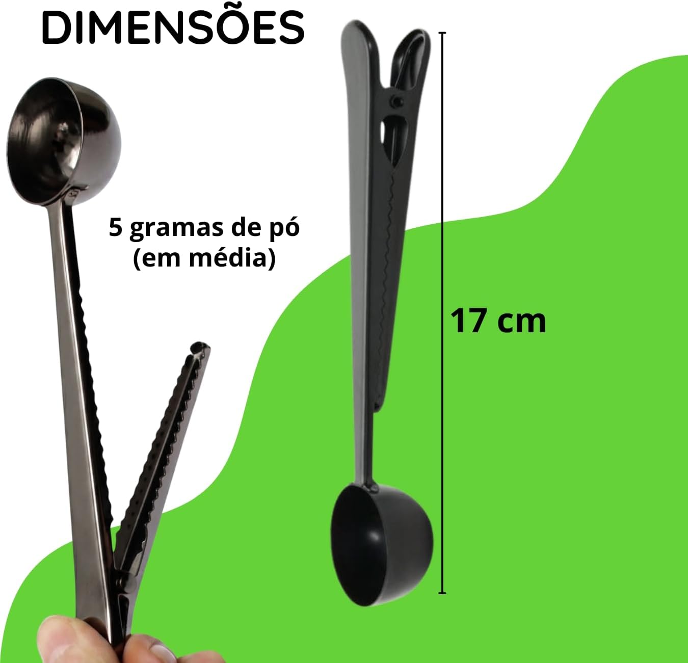 Colher Café Medidora 5g Pó de Café Prendedor Pacote em Inox Preto 17cm