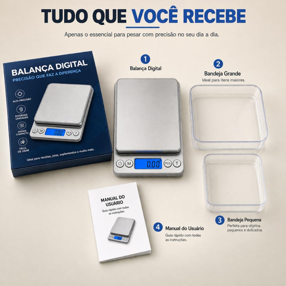 Balança Digital de Precisão 0,1g com Display LCD Iluminado