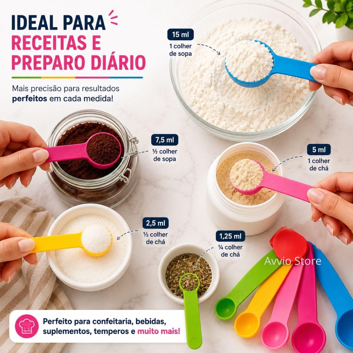 Kit 5 Colheres Medidoras Medidas ML Gramas Medidores Culinários Colher Chá Sopa Dosadoras Porções Receitas Confeitaria Café Whey Temperos Doces Sobremesas Utensílio Cozinha Livre BPA Premium