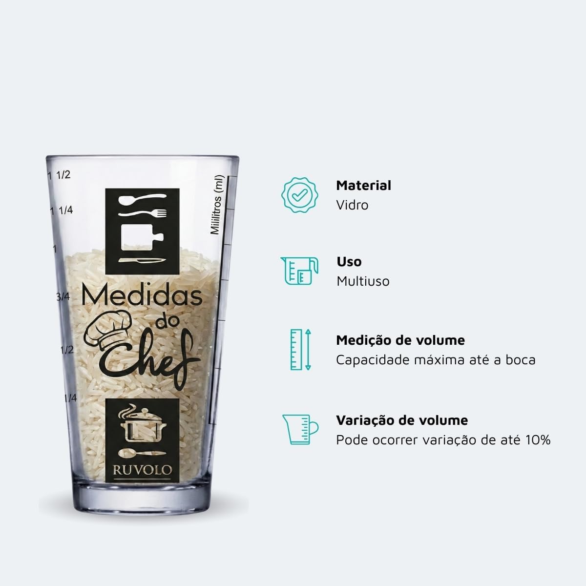 Ruvolo, Copo Medidor Vidro Chef Cozinha Receitas Profissional Resistente Multiuso 415ml