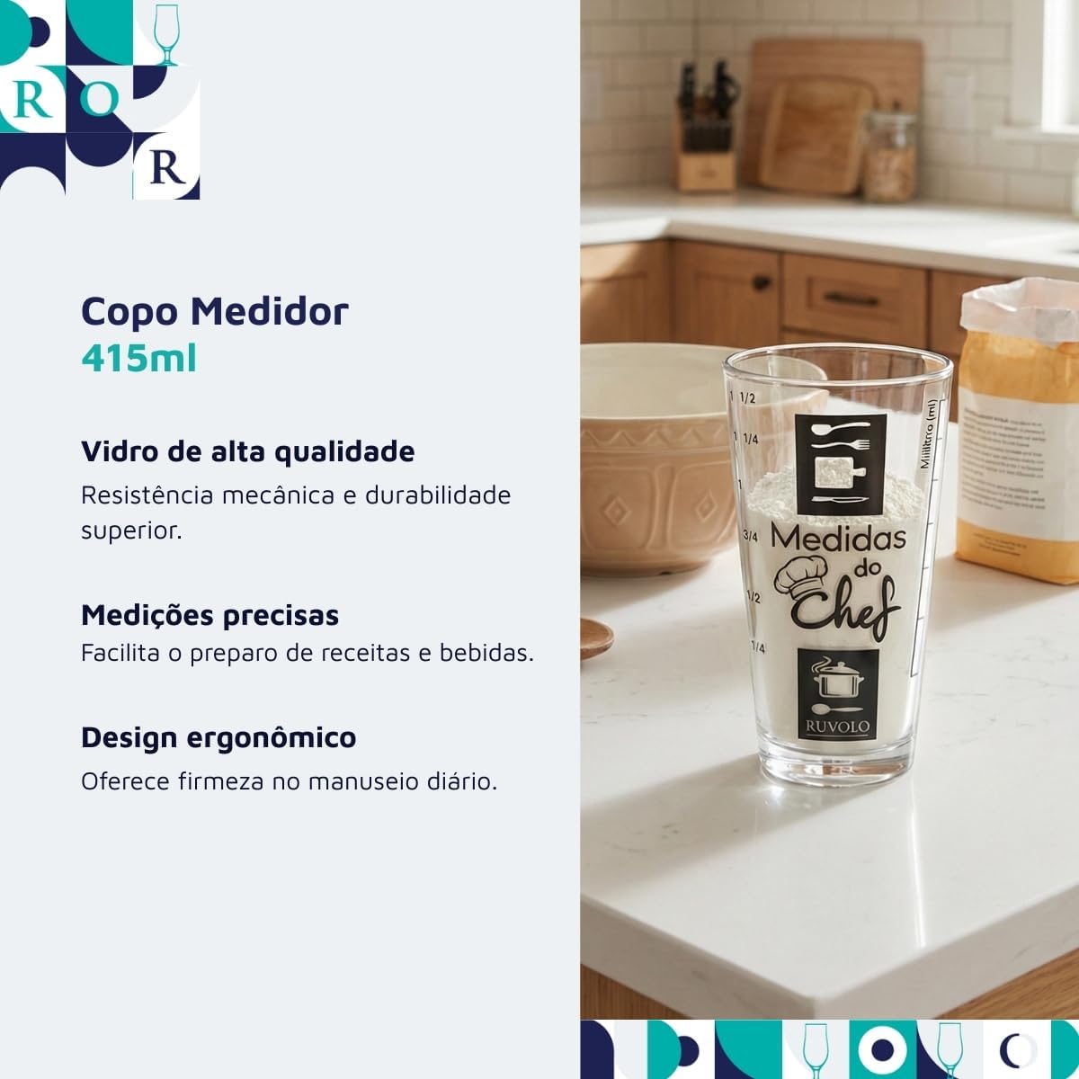 Ruvolo, Copo Medidor Vidro Chef Cozinha Receitas Profissional Resistente Multiuso 415ml