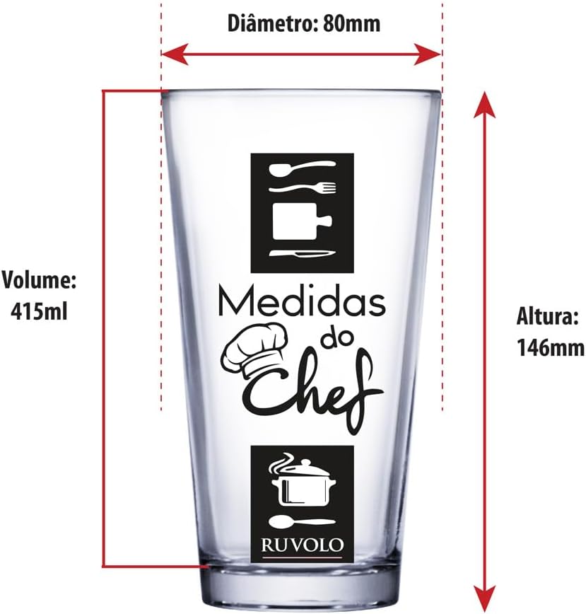 Ruvolo, Copo Medidor Vidro Chef Cozinha Receitas Profissional Resistente Multiuso 415ml