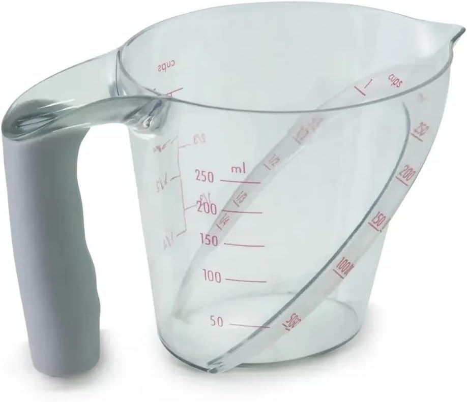 Mimo Style Copo Medidor Com Capacidade Para 250ml, Cor Transparente, Medidas Marcadas em Vermelho, Possui medidas em Cups e ML, Material Plástico Poliestireno e Cabo Emborrachado