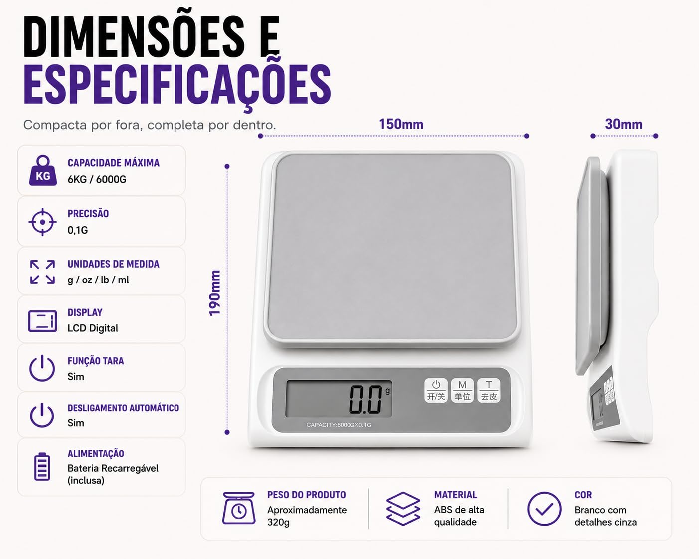 Balança Digital Recarregável Alta Precisão 0,1g Até 6kg Cozinha Profissional eletrônica