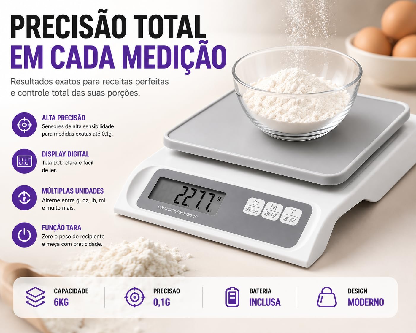 Balança Digital Recarregável Alta Precisão 0,1g Até 6kg Cozinha Profissional eletrônica