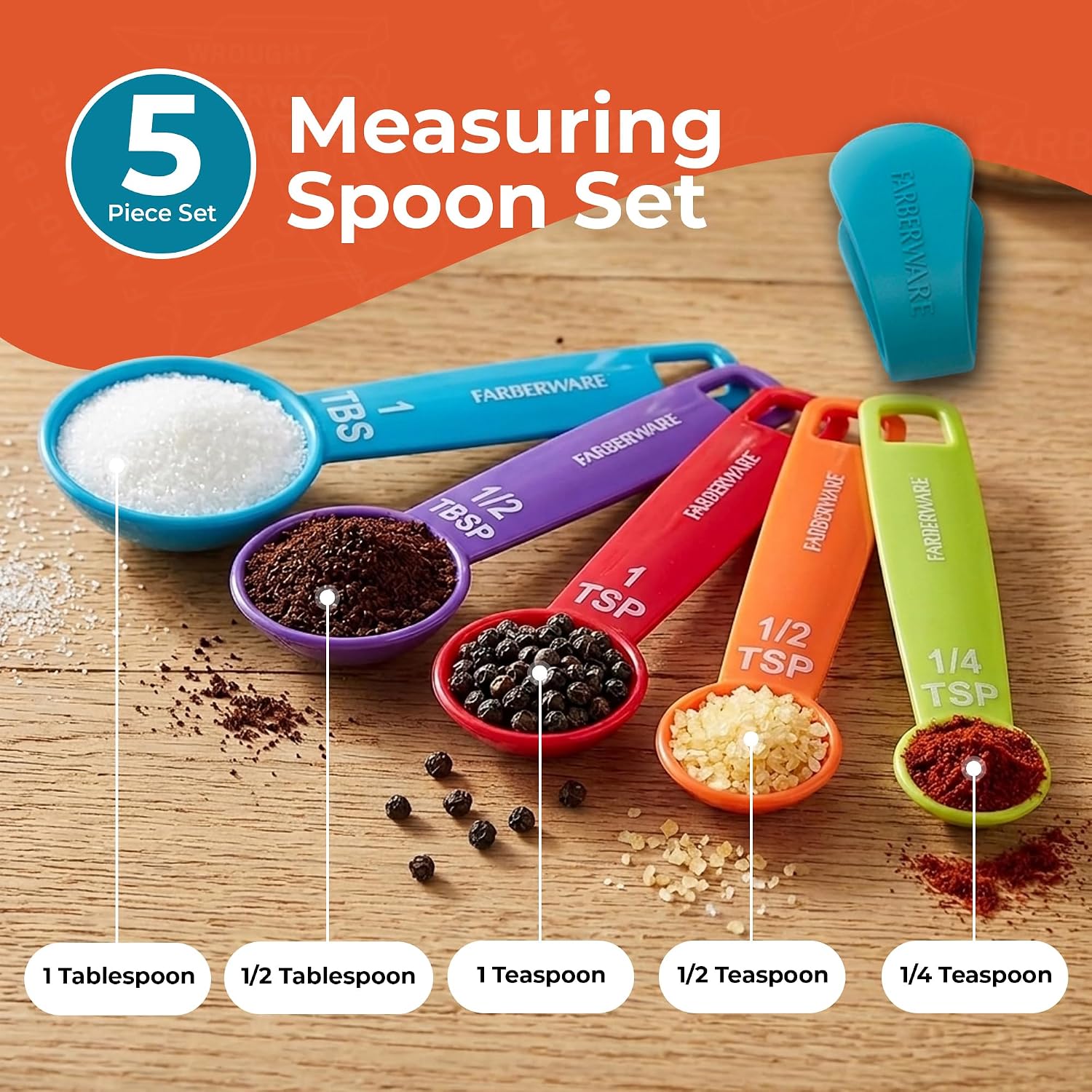 Farberware Colheres de medição de cor, cores misturadas, conjunto de 5, pequenas