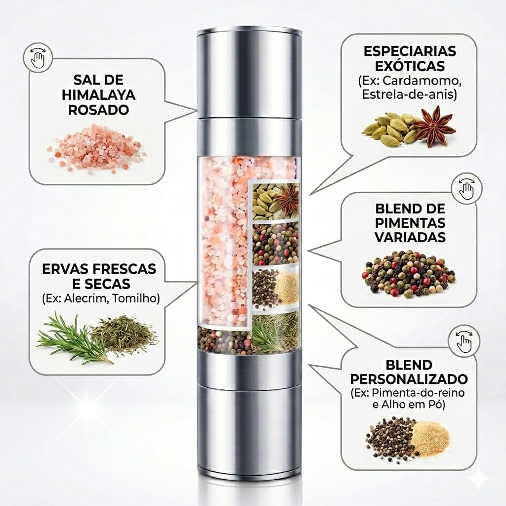 Moedor 2 em 1 Sal e Pimenta Manual Inox com Vidro – Ajuste de Moagem Fino/Grosso, Compartimento Duplo, Triturador de Temperos Gourmet, Design Premium para Cozinha e Churrasco