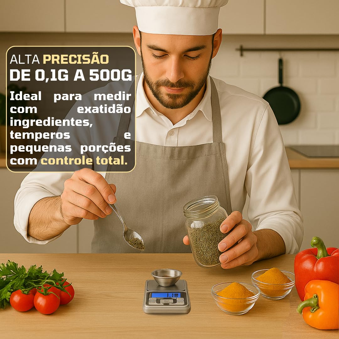 Mini Balança Digital de Alta Precisão 0,1g a 500g – Portátil de Bolso com Visor LED, Função Tara – Para Cozinha, Joias, Ouro, Temperos e Metais – Acompanha 2 Pilhas AAA Premium