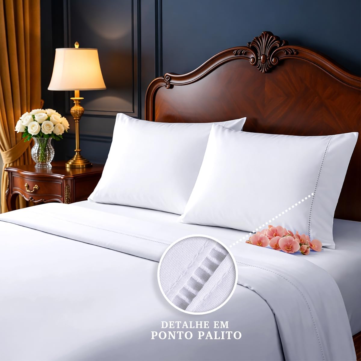 Jogo Cama King Size Toque Macio 4 Peças Percal 600 Fios Branco