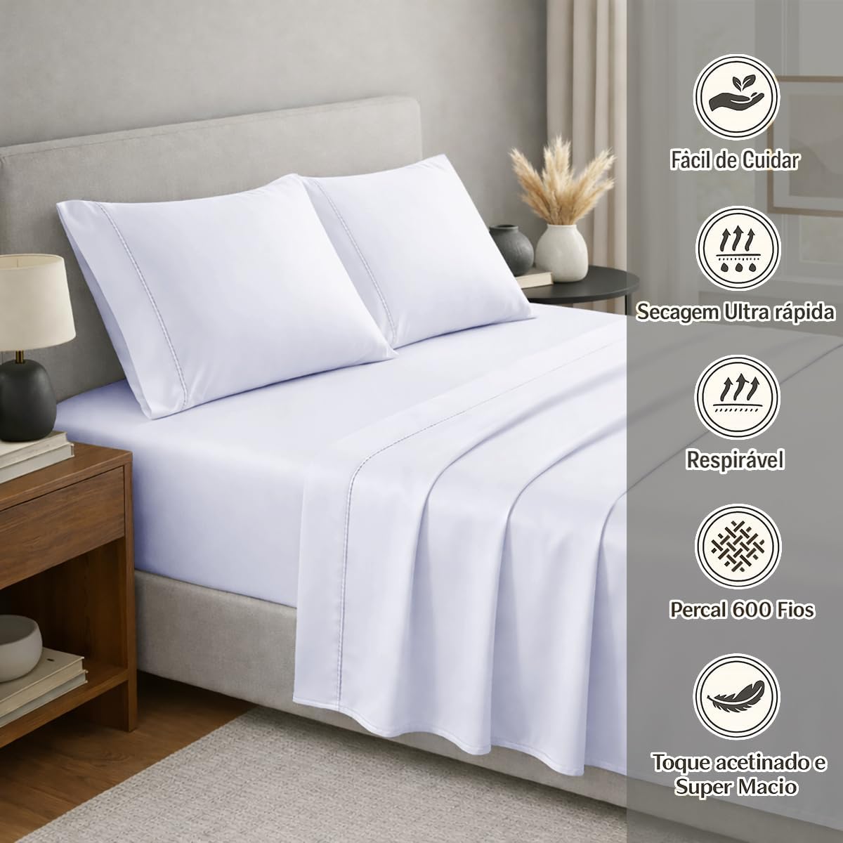Jogo Cama King Size Toque Macio 4 Peças Percal 600 Fios Branco