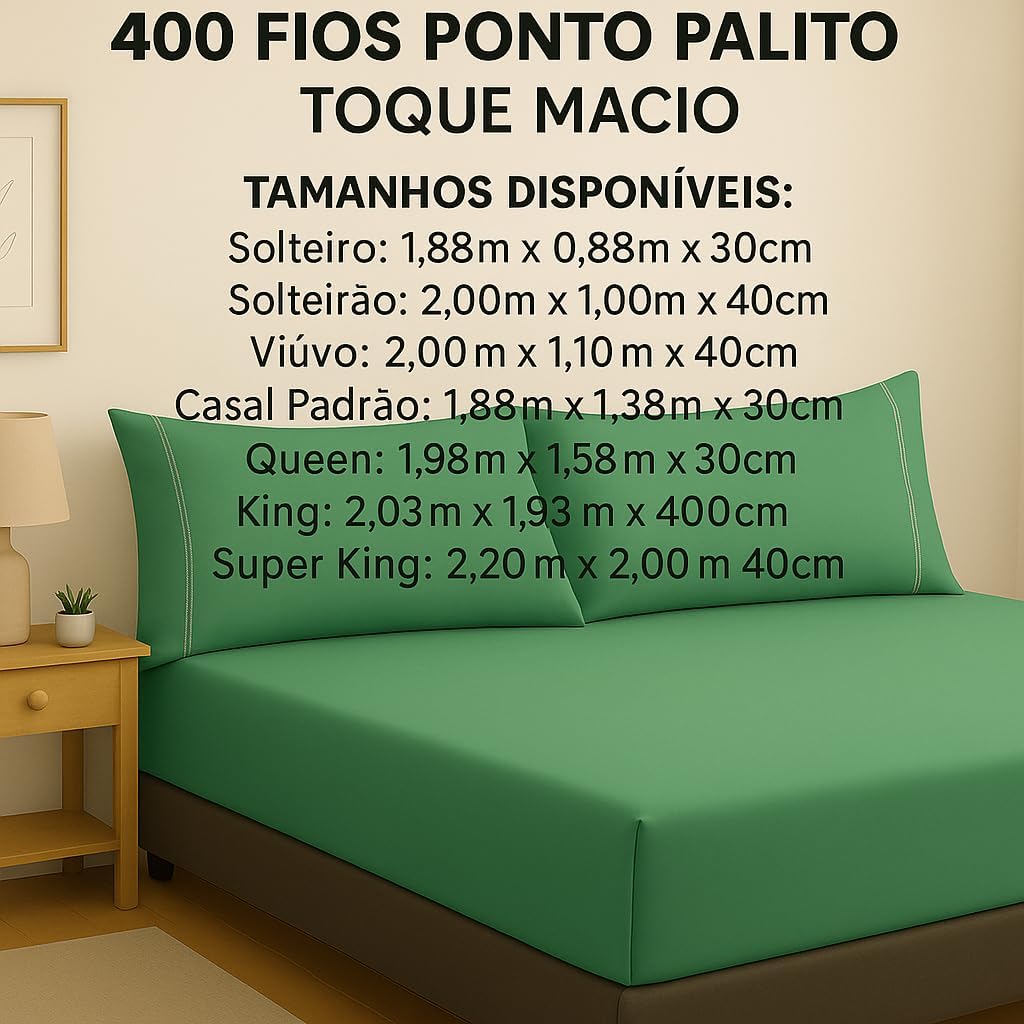 Jogo de Lençol 03 Peças 400 Fios Ponto Palito Toque Macio (Verde, Queen)