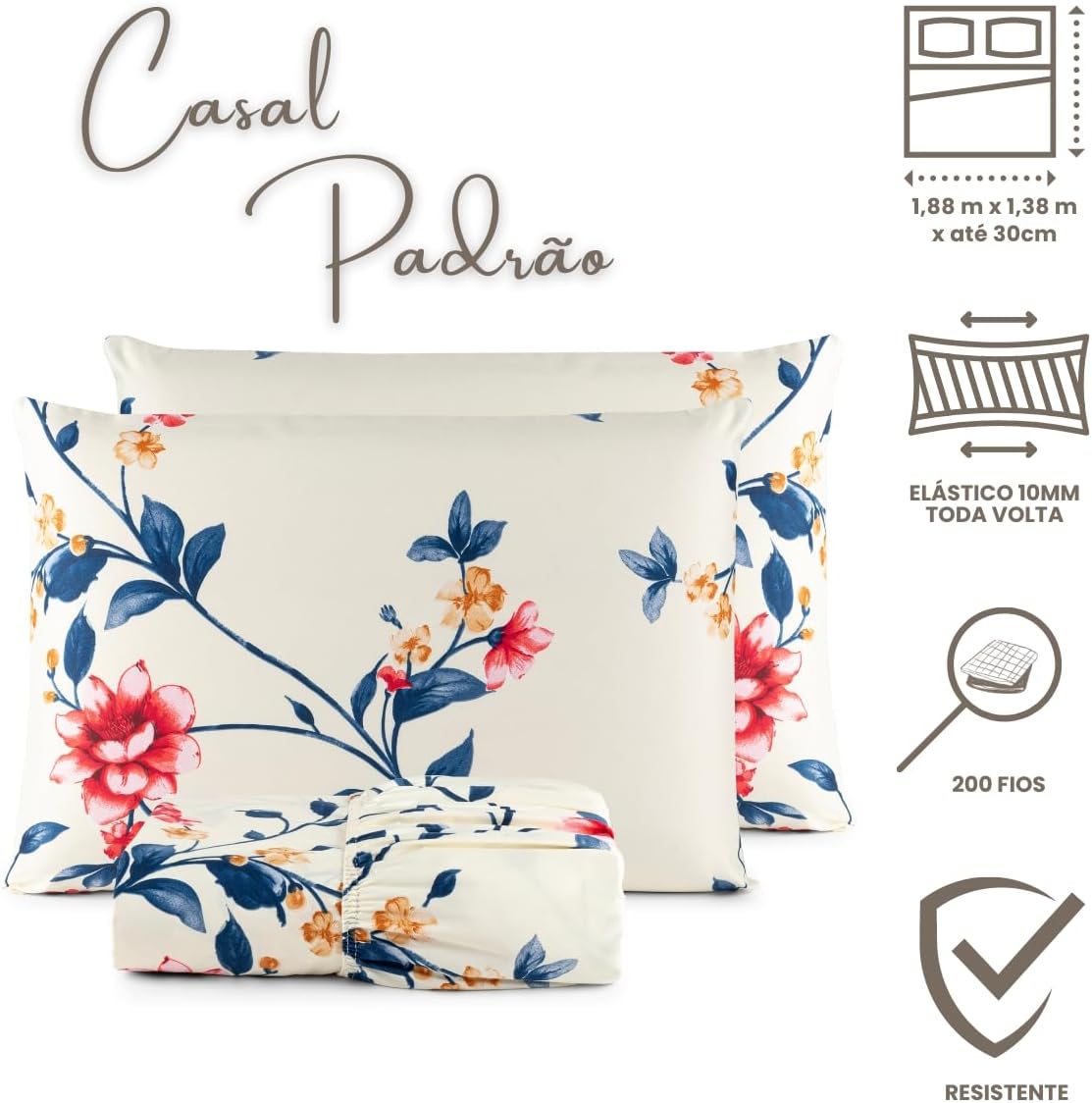Jogo de Lençol Casal Padrão com Elástico Estampado Percal 200 Fios 03 Peças Felicità