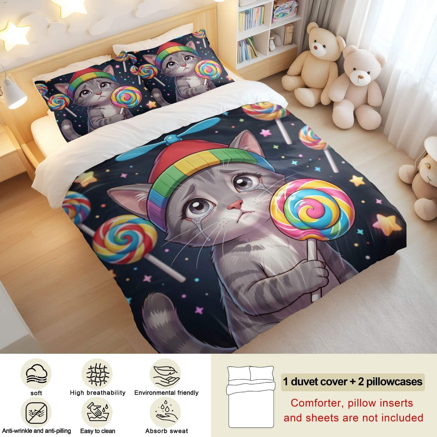 Jogo de Cama Estampa de Gatos Impressão Digital 3D Fundo Branco