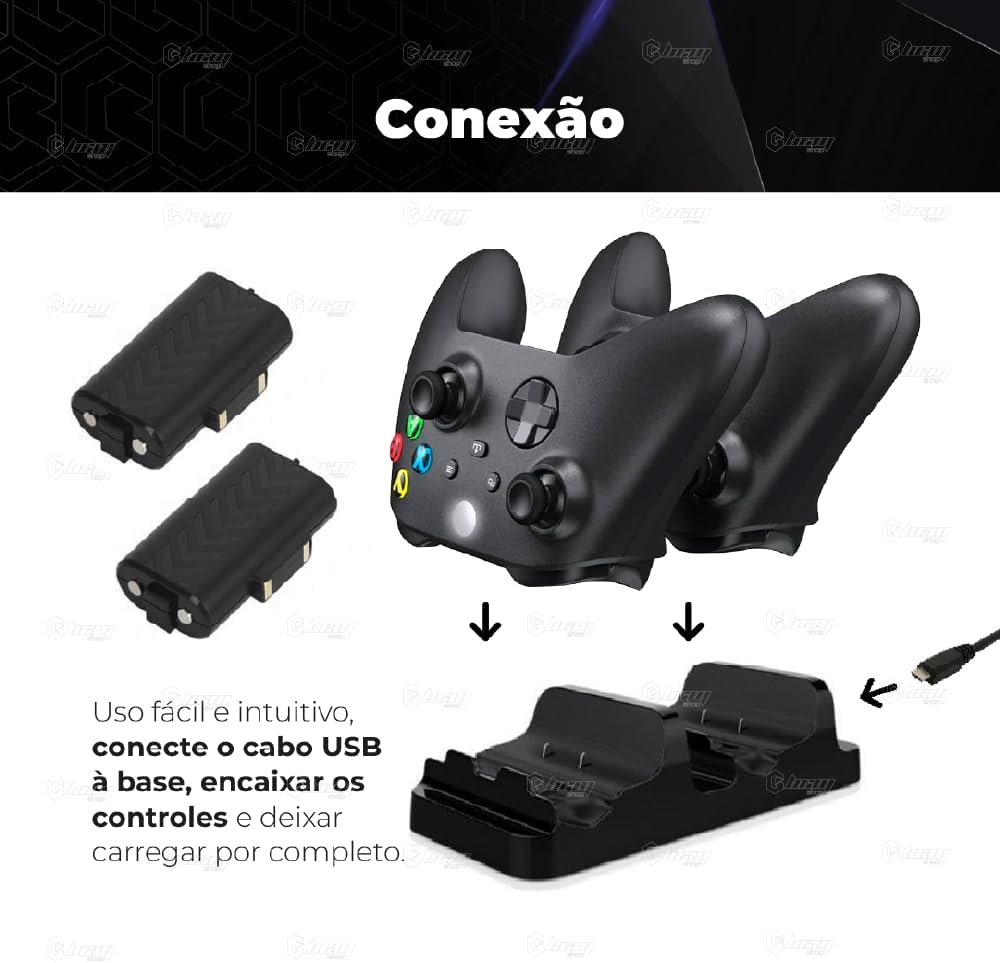 Carregador Duplo com 2 Baterias Recarregáveis para Controles Xbox
