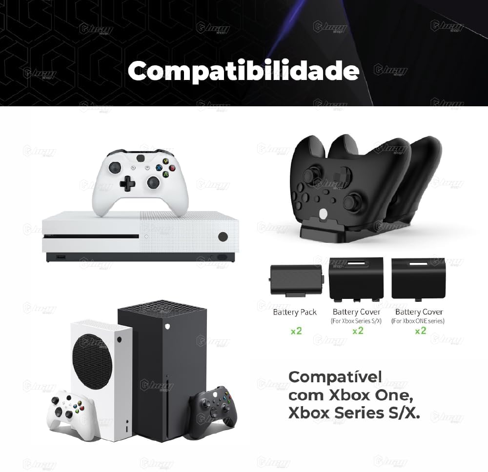 Carregador Duplo com 2 Baterias Recarregáveis para Controles Xbox
