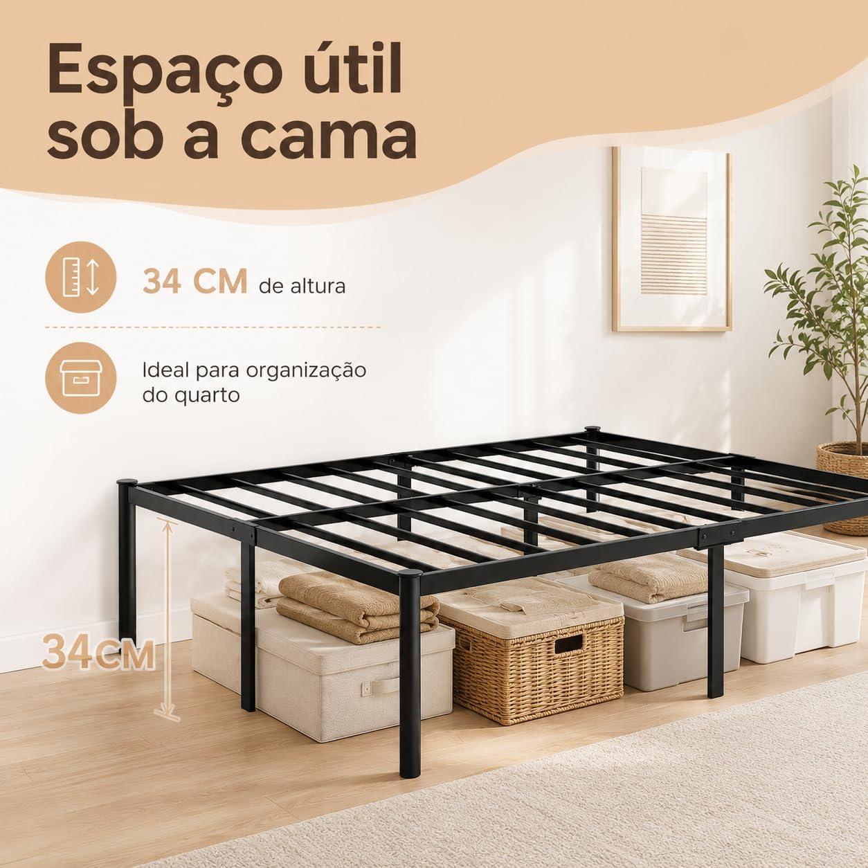 Estrutura De Cama De Metal, Não Precisa de Box Spring,Com Espaço De Armazenamen Cor Preto (FULL)
