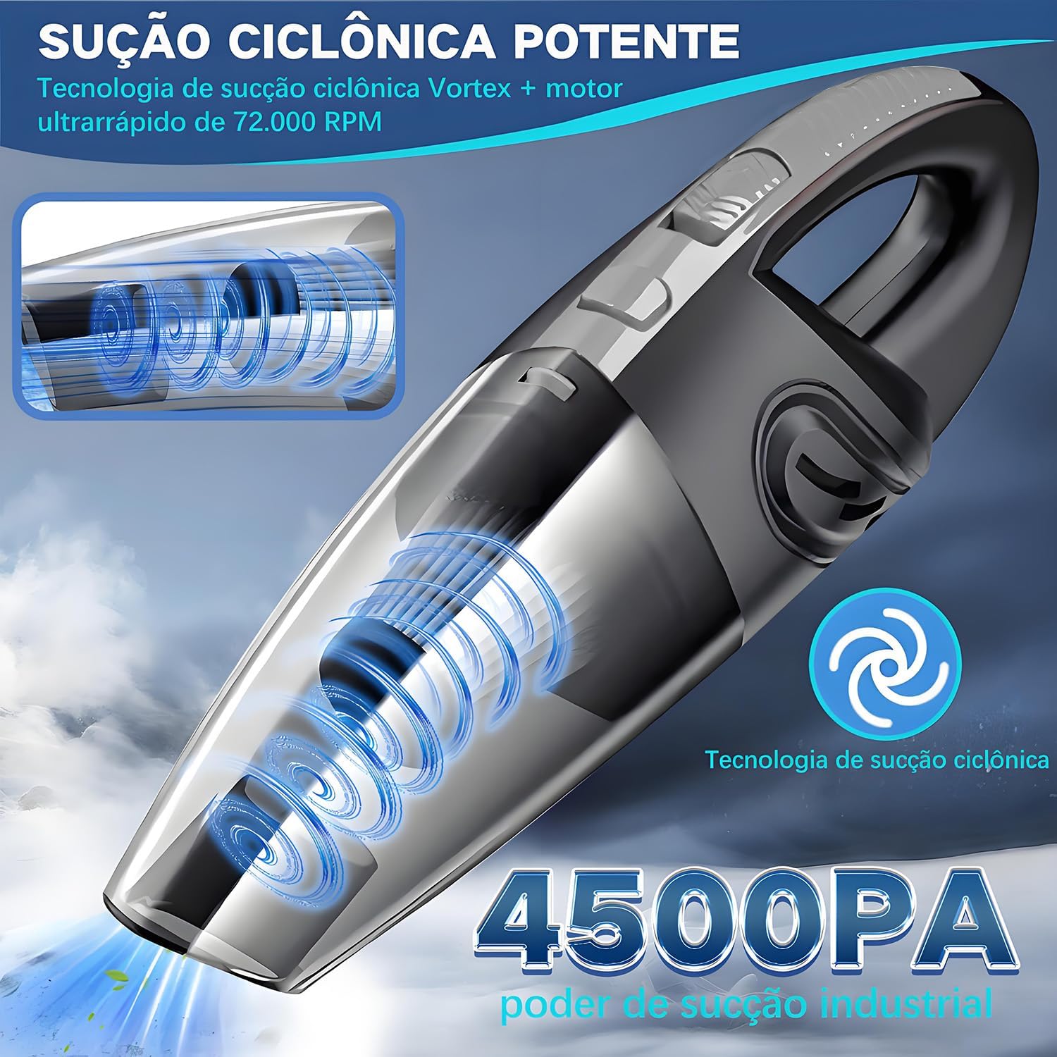 Aspirador de Pó Portátil Sem Fio, 120W Alta Potência com Sucção Poderosa, Uso Seco/Úmido, Recarregável, para Carros e Casa, Filtro Lavável, Inclui 7 Acessórios, Preto (cinza)