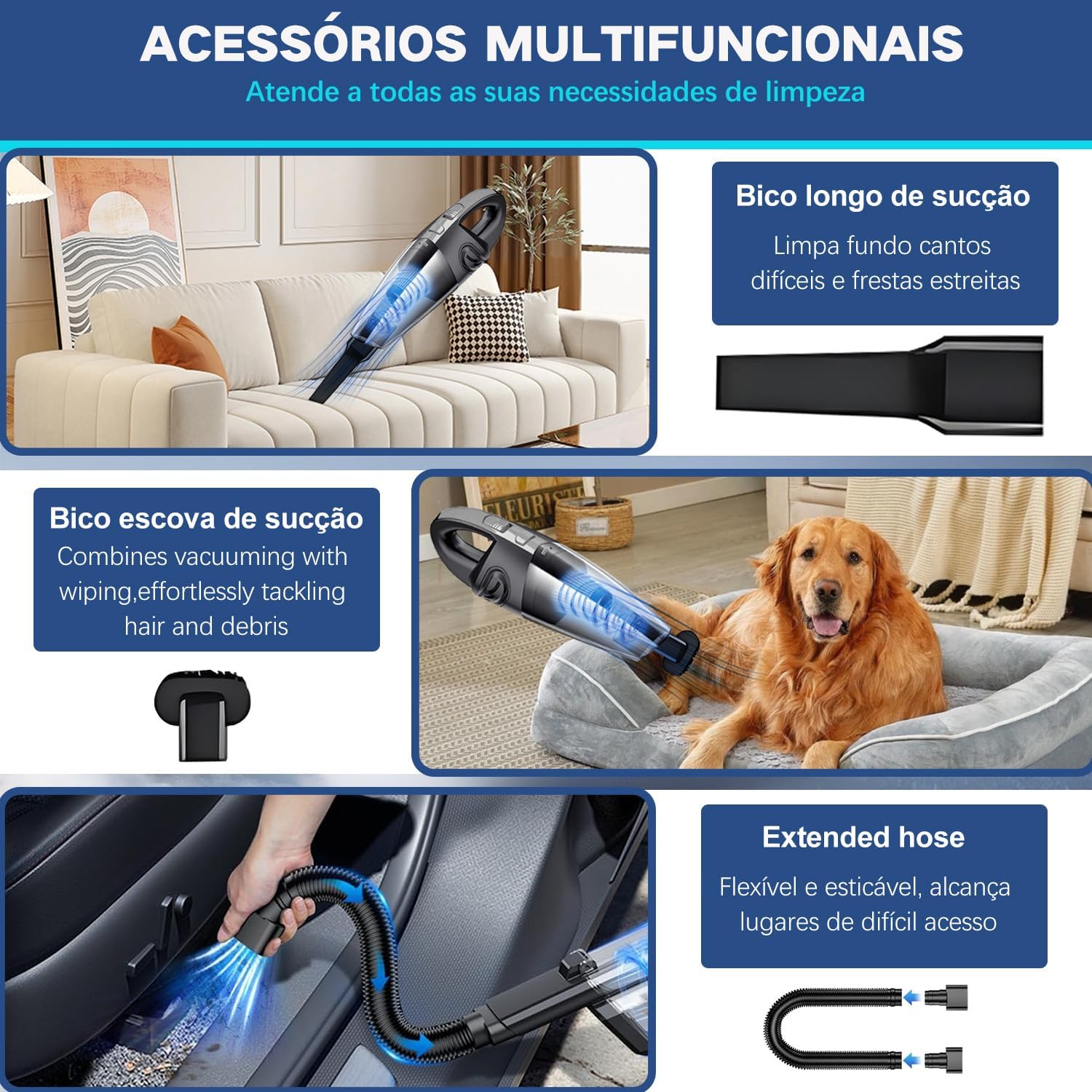 Aspirador de Pó Portátil Sem Fio, 120W Alta Potência com Sucção Poderosa, Uso Seco/Úmido, Recarregável, para Carros e Casa, Filtro Lavável, Inclui 7 Acessórios, Preto (cinza)