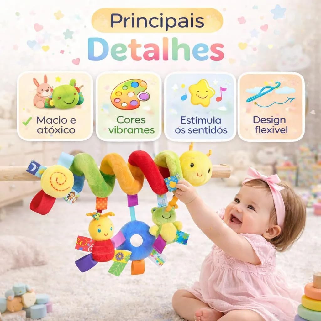 Brinquedo Espiral Sensorial Centopeia de Pelúcia Mobile para Carrinho de Bebê - Brinquedo Bebe 0 a 6 Meses, com Chocalho, Cores Vibrantes