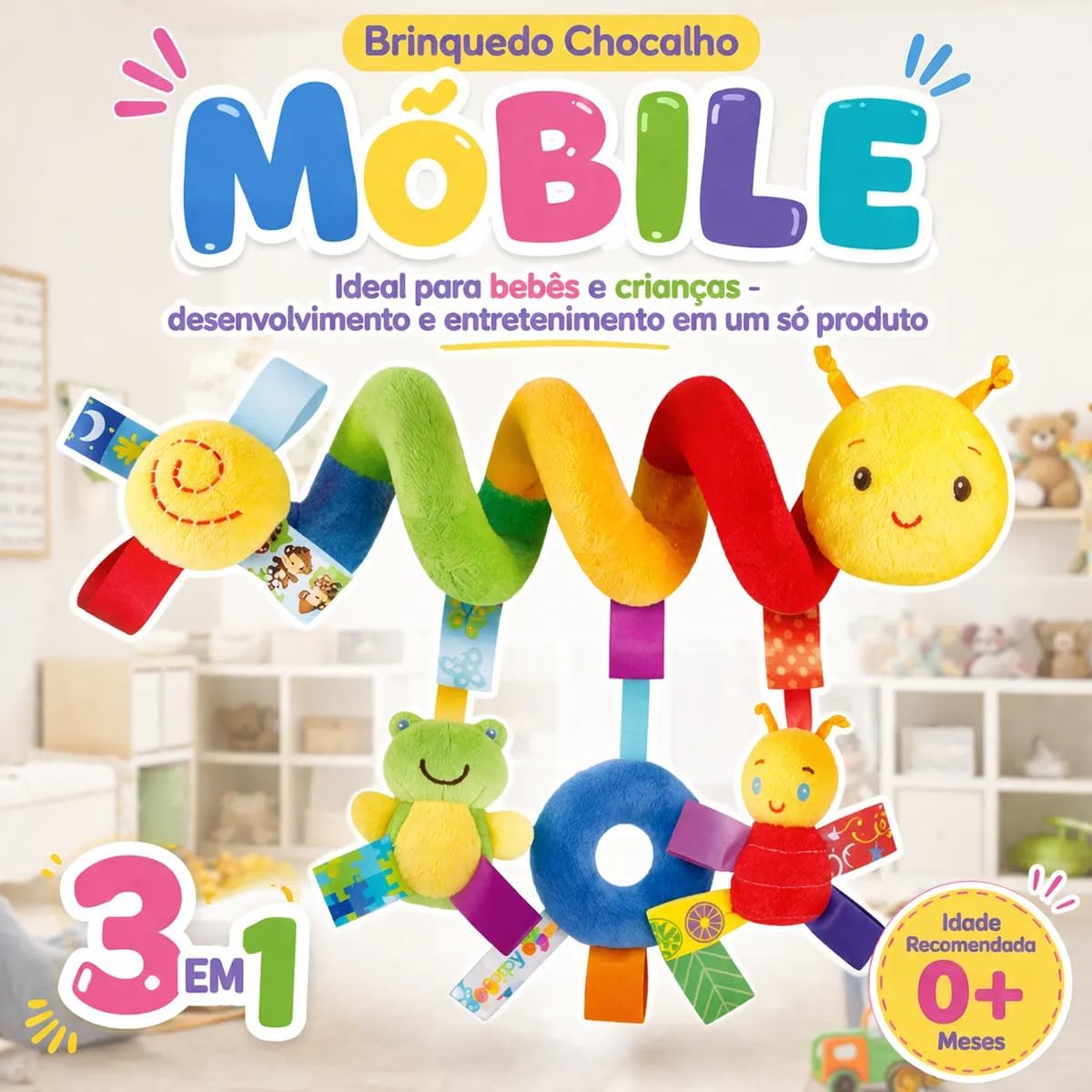Brinquedo Espiral Sensorial Centopeia de Pelúcia Mobile para Carrinho de Bebê - Brinquedo Bebe 0 a 6 Meses, com Chocalho, Cores Vibrantes
