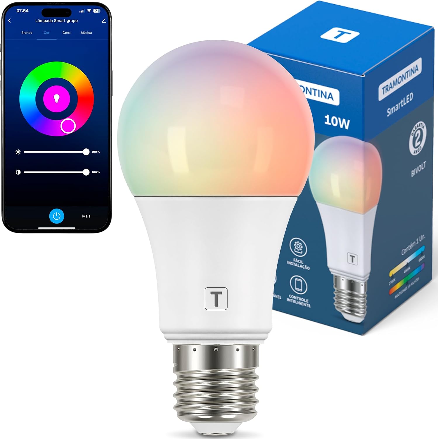 Lâmpada Inteligente 10W Wi-Fi e Bluetooth Bivolt 16 Milhões de Cores