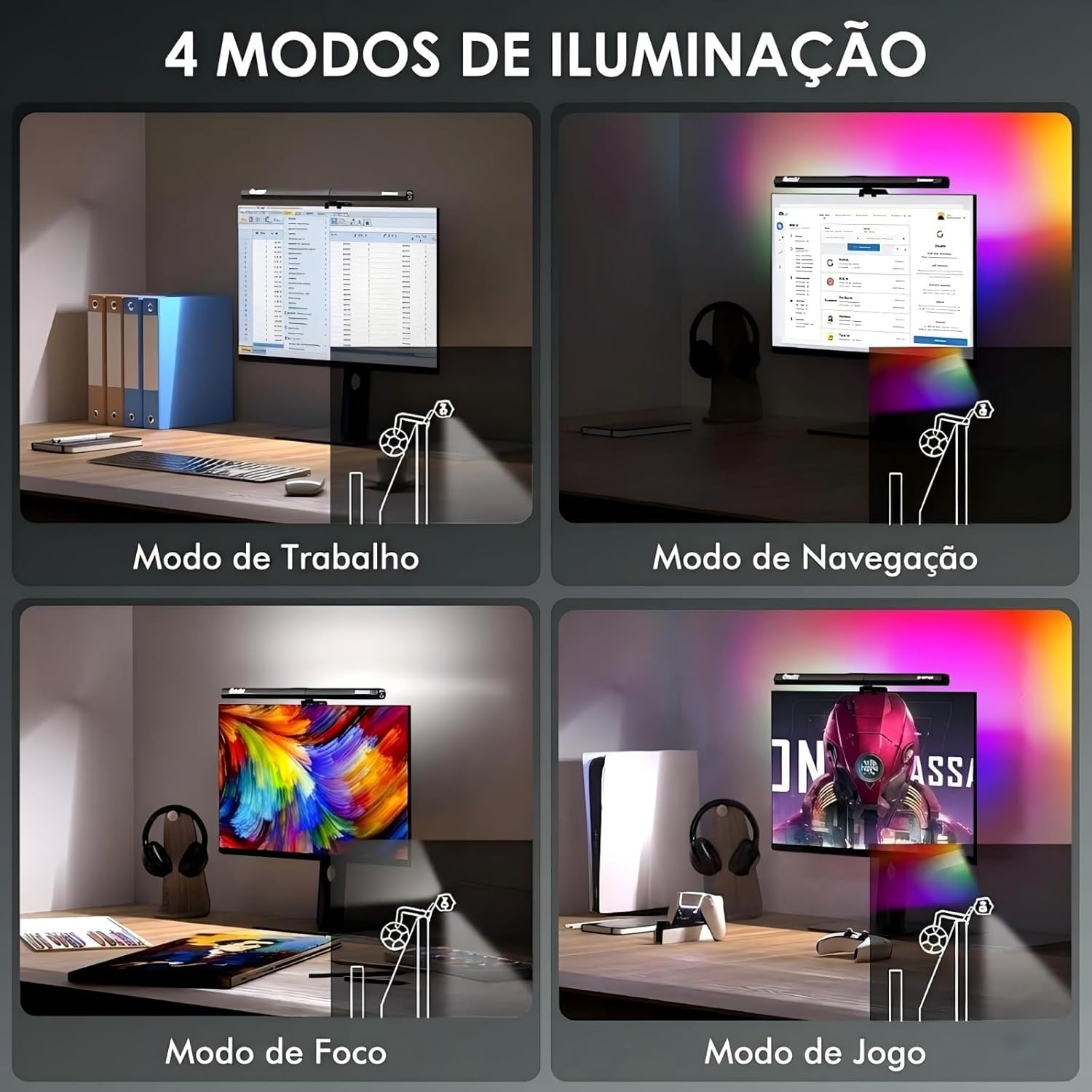 Quntis RGB Barra de Luz para Monitor Gamer com Luz de Fundo RGB e 15 Modos de Iluminação, Brilho Ajustável e 3 Temperaturas de Cor, CRI Ra95, para Home Office, Gaming e Proteção Ocular
