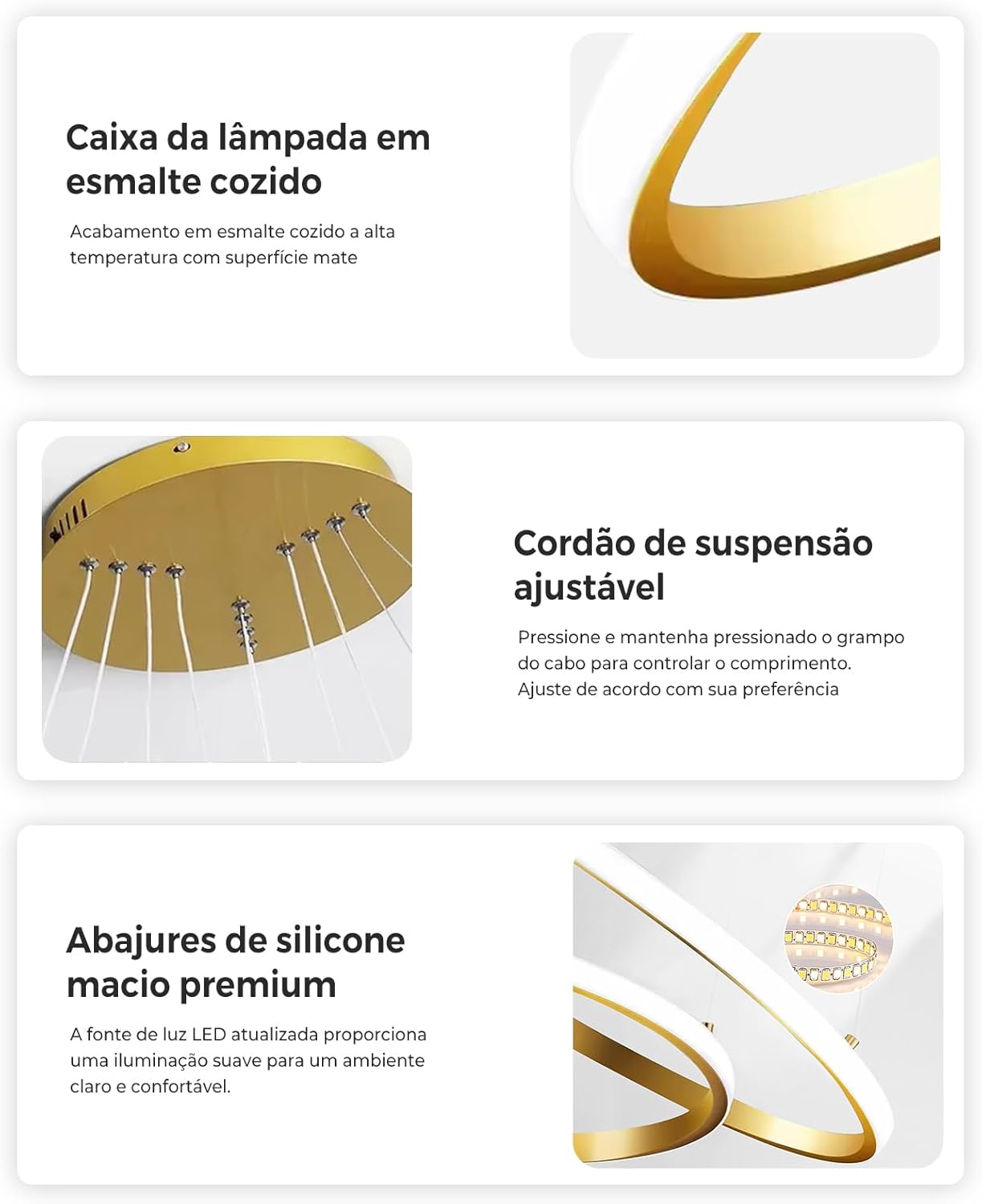 Luminária Pendente 3 Anéis em Ferro com Temperatura de Cor Ajustável