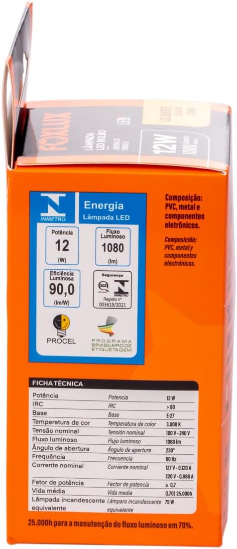 Lâmpada LED Bulbo Foxlux – 12W – 3000K – Luz Amarela – 1080 lm – Base E-27 – Bivolt – Vida média: 25.000h request change Lâmpada LED Bulbo 12W 3000K Bivolt - Luz Quente