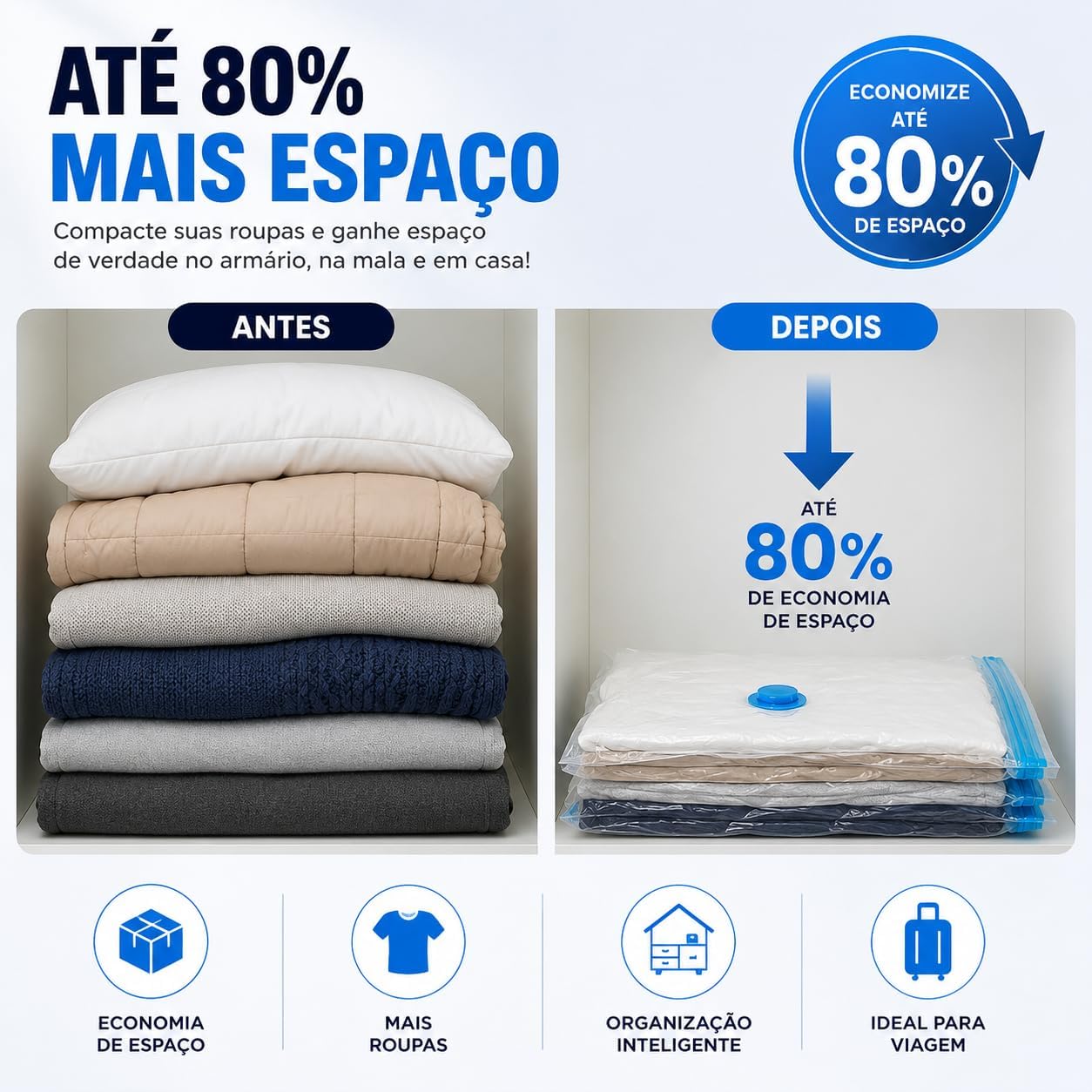 Kit 10 Sacos a Vácuo 50x60cm com Bomba Manual – Organizador de Roupas para Viagem e Armário, Economia de Espaço até 80%, Reutilizável, Proteção Contra Umidade, Poeira e Odores