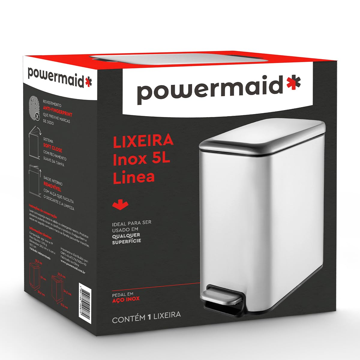 Powermaid Lixeira Retangular Linea com Pedal - Tampa Soft Close - Inox - 5 Litros