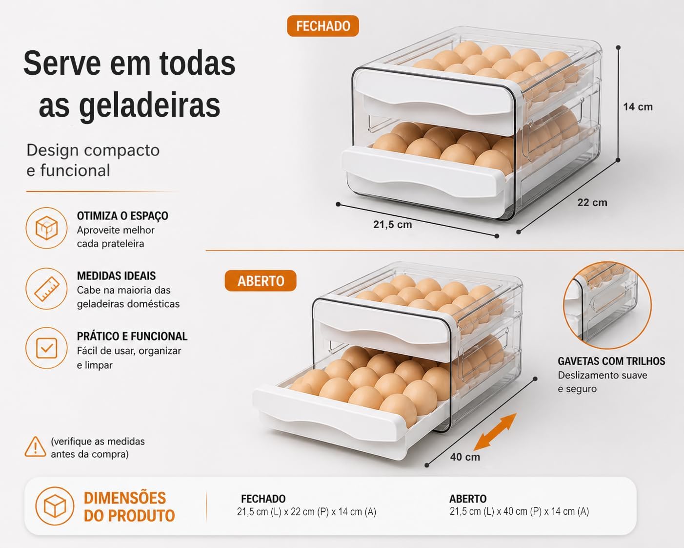 Porta Ovos para Geladeira 32 Unidades, Caixa Acrílica Transparente com Gaveta Deslizante, 2 Andares Empilhável, Organizador de Ovos Premium BPA Free para Cozinha e Organização Inteligente (Branco)