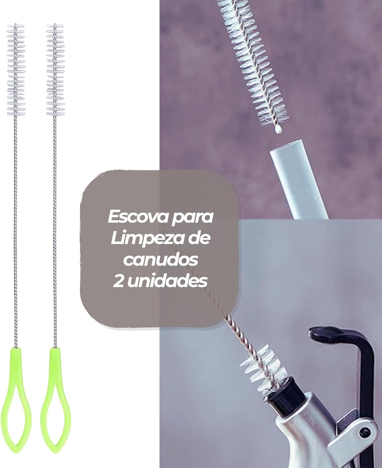 Kit Escovas para Lavar Garrafas e Canudos - Escova de Silicone para Limpeza de Mamadeira e Garrafa + 2 Escovas para Canudos + Gancho adesivo – Não Risca e Alcança Áreas Difíceis
