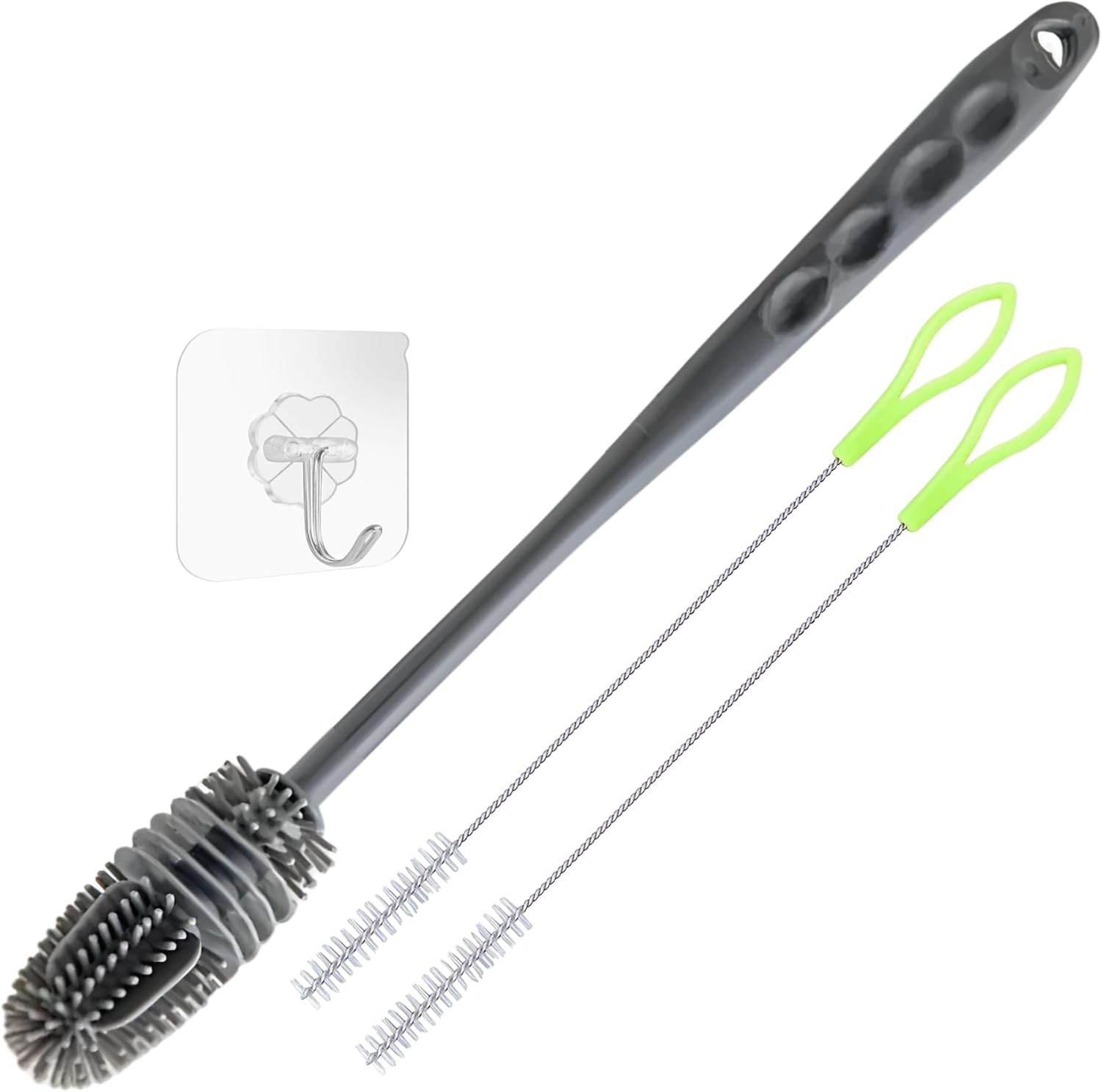 Kit Escovas para Lavar Garrafas e Canudos - Escova de Silicone para Limpeza de Mamadeira e Garrafa + 2 Escovas para Canudos + Gancho adesivo – Não Risca e Alcança Áreas Difíceis