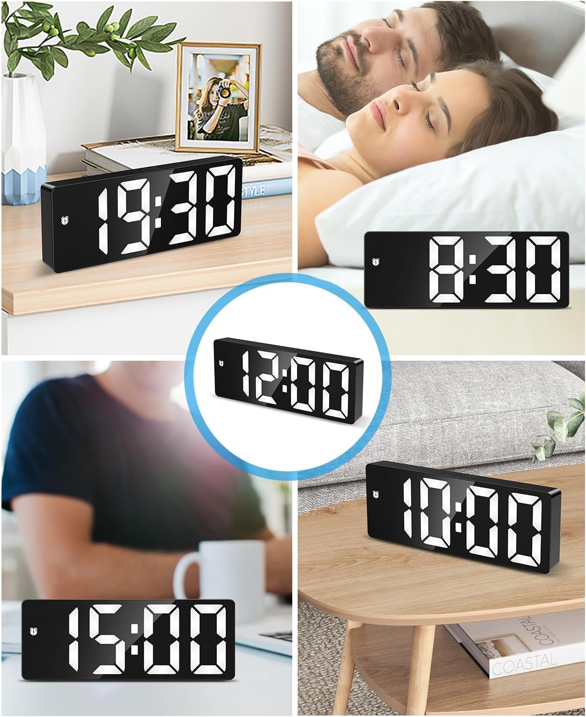 (Versão atualizada) Relógio despertador digital, Relógio LED para quarto, Relógio eletrônico de mesa com visor de temperatura, brilho ajustável, controle de voz, visor 12/24H para casa, dormitório, escritório